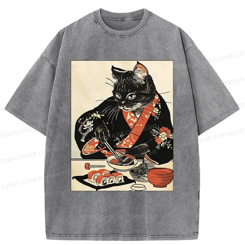Tokyo-Tiger Cat Cut Sushi Washed T-Shirt