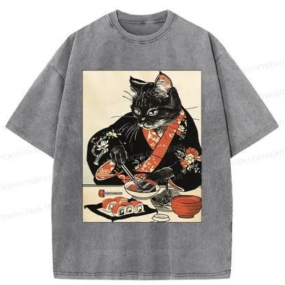 Tokyo-Tiger Cat Cut Sushi Washed T-Shirt