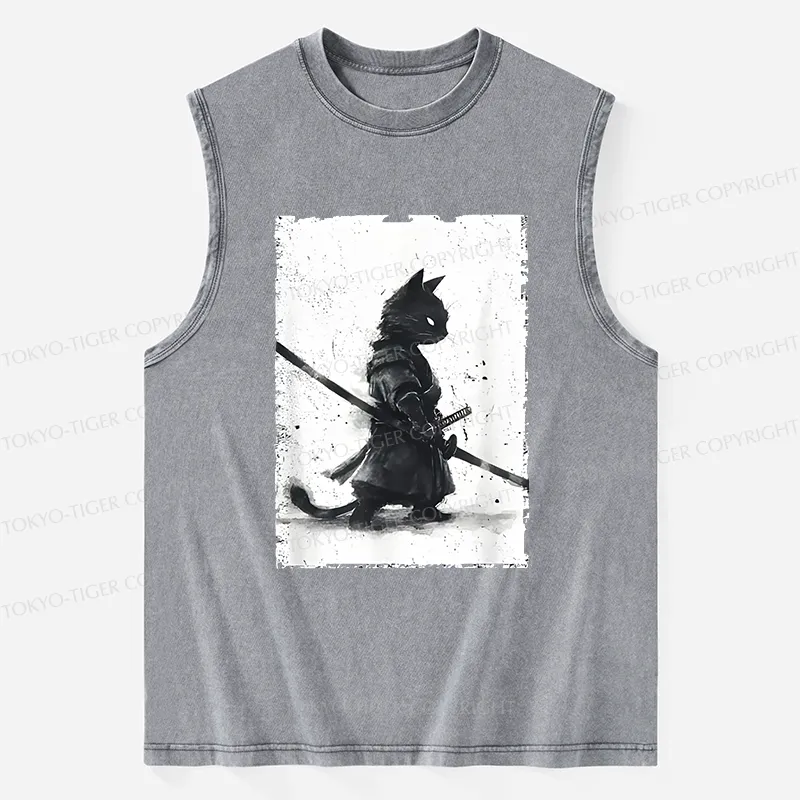 Tokyo-Tiger Retro Cat Samurai Japanese Washed Tank