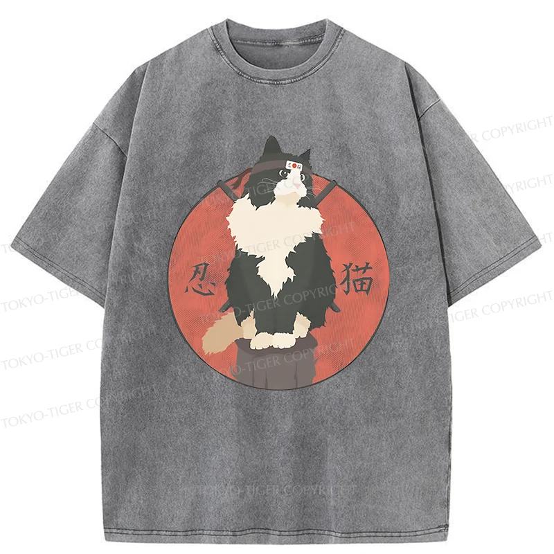 Tokyo-Tiger Cute Ninja Cat Washed T-Shirt