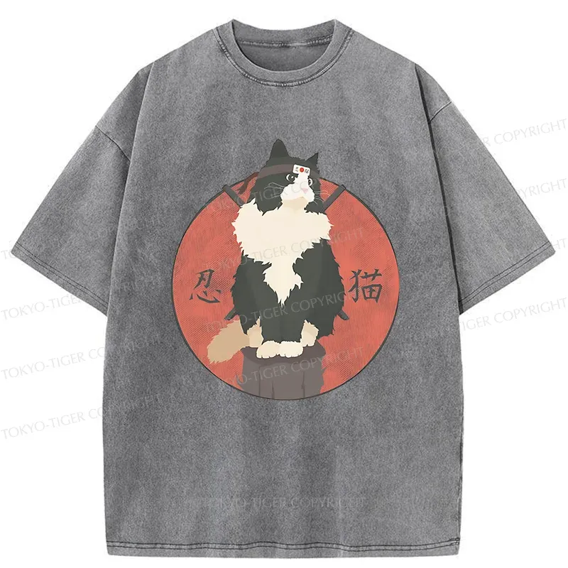 Tokyo-Tiger Cute Ninja Cat Washed T-Shirt