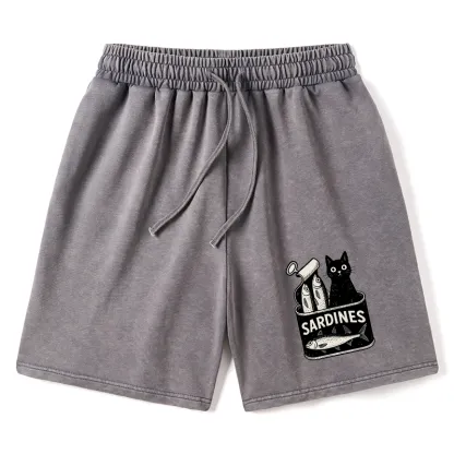 Tokyo-Tiger Cat And Canned Fish Washed Shorts