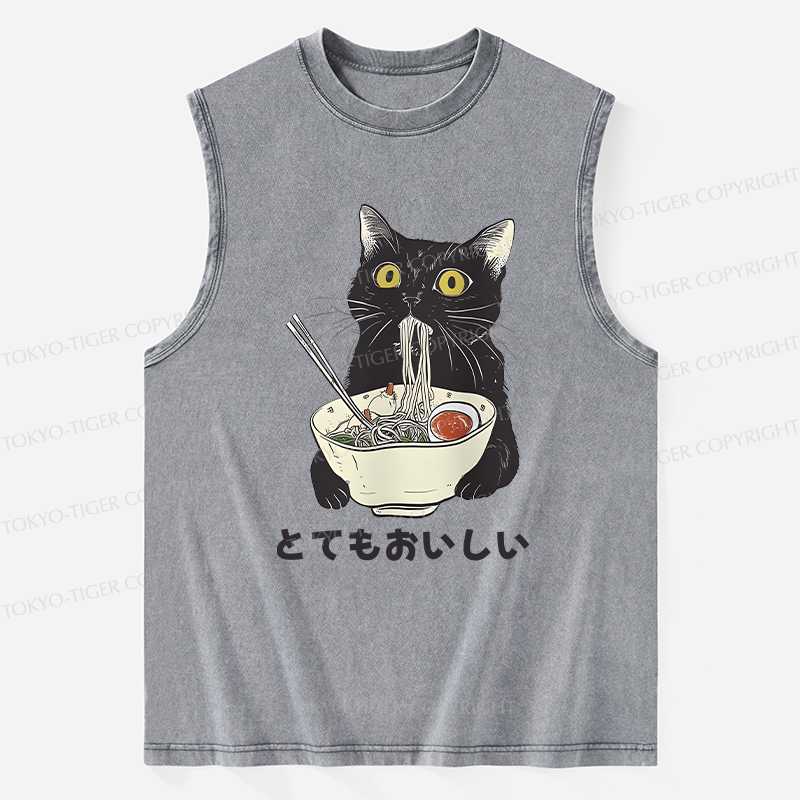 Tokyo-Tiger Cats Eat Ramen Noodles Washed Tank