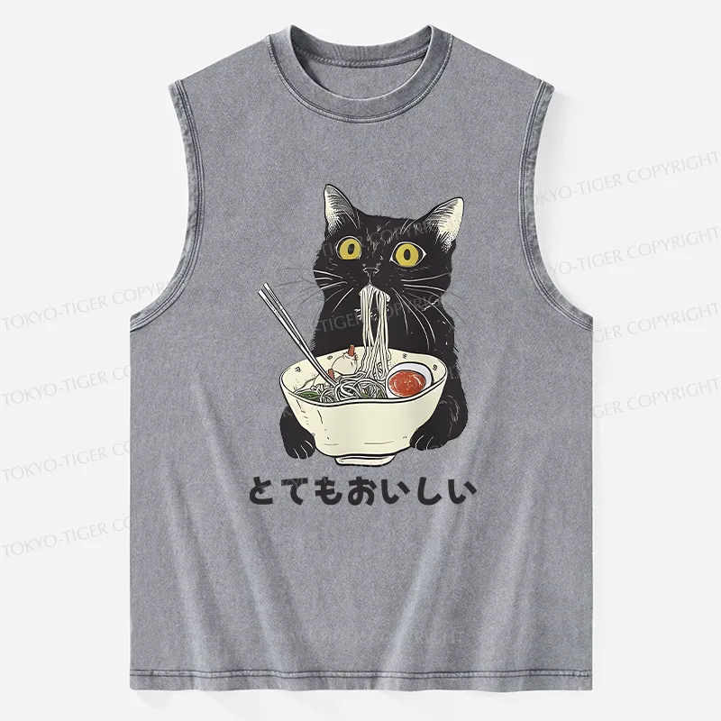 Tokyo-Tiger Cats Eat Ramen Noodles Washed Tank