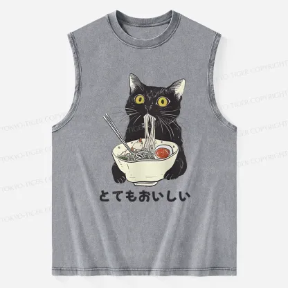 Tokyo-Tiger Cats Eat Ramen Noodles Washed Tank