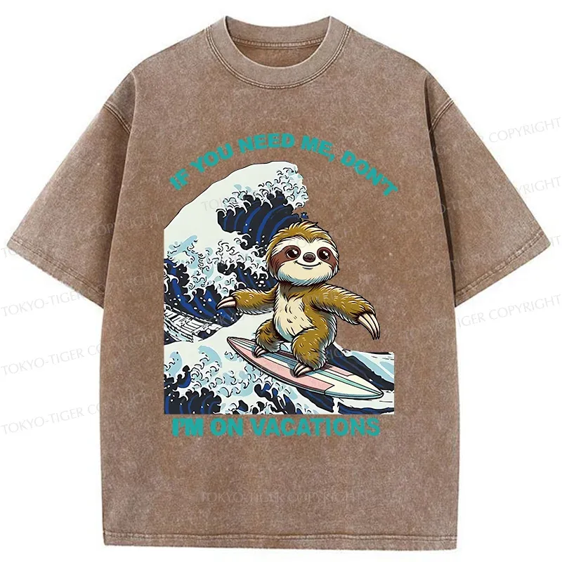 Tokyo-Tiger Surfing Sloth Funny Washed T-Shirt