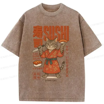 Tokyo-Tiger Sushi Made By Cat Chef Washed T-Shirt