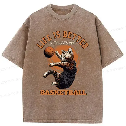 Tokyo-Tiger Kitten Is Playing Basketball Washed T-Shirt