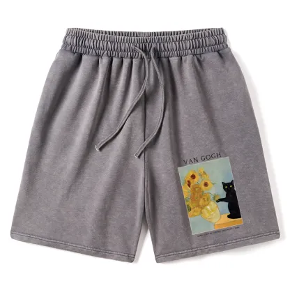 Tokyo-Tiger Black Cat With Sunflowers Washed Shorts
