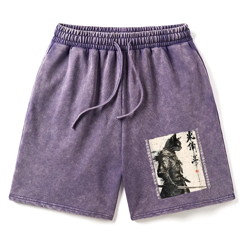 Tokyo-Tiger Cat Samurai Retro Washed Shorts