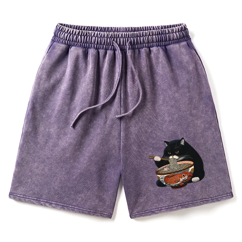 Tokyo-Tiger Fat Cat Eating Ramen Washed Shorts