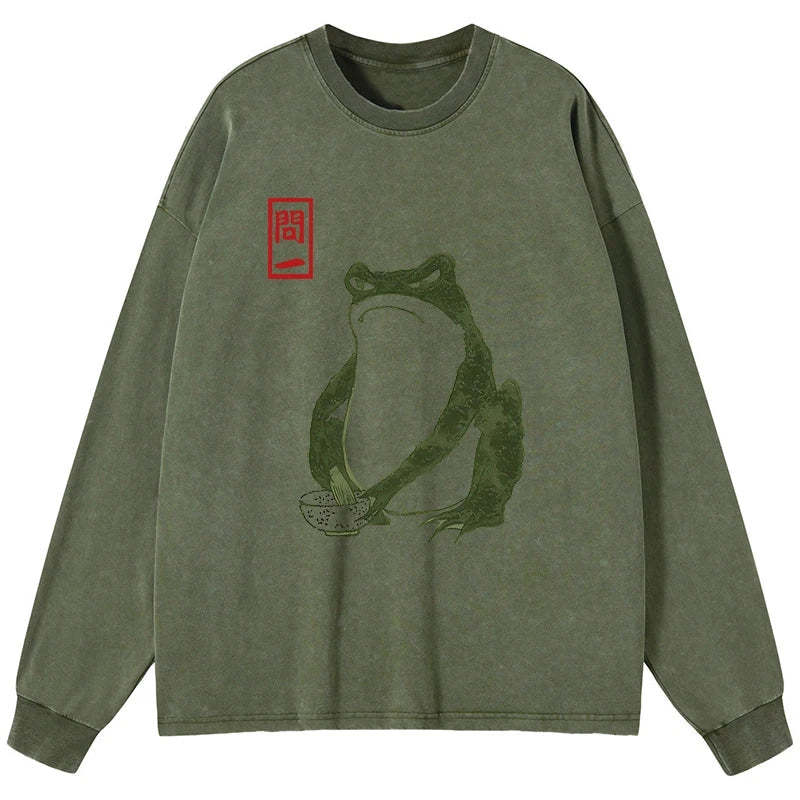 Tokyo-Tiger Woodblock Print Frog Washed Long Sleeve T-Shirt