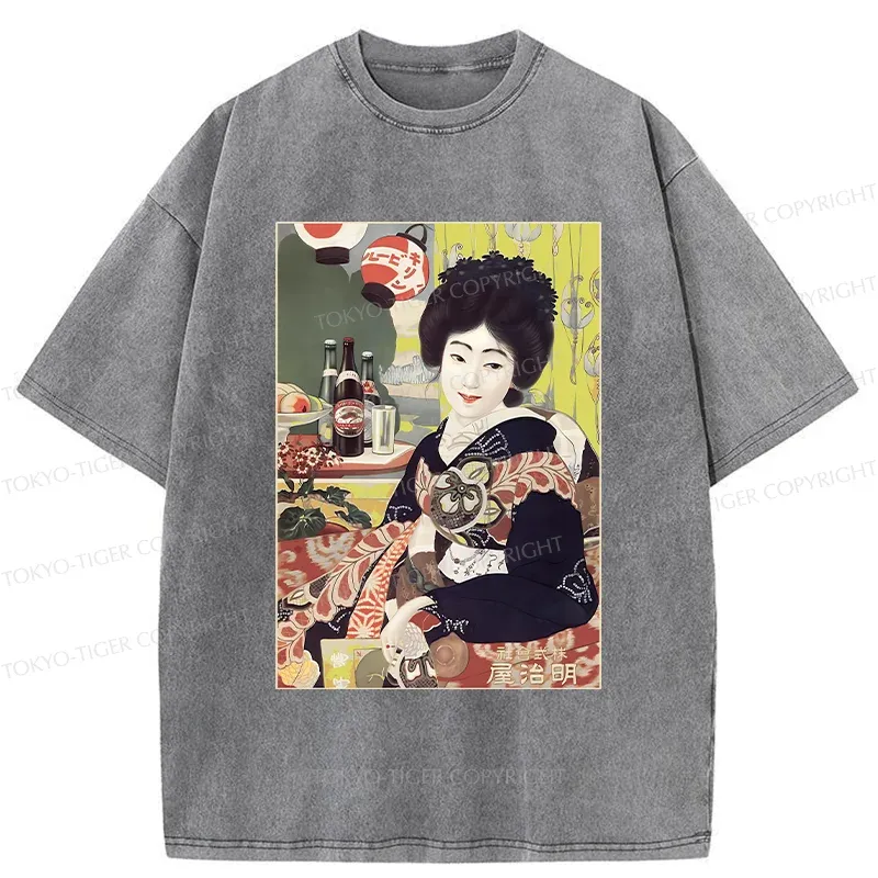 Tokyo-Tiger Geisha Drinking Beer Washed T-Shirt