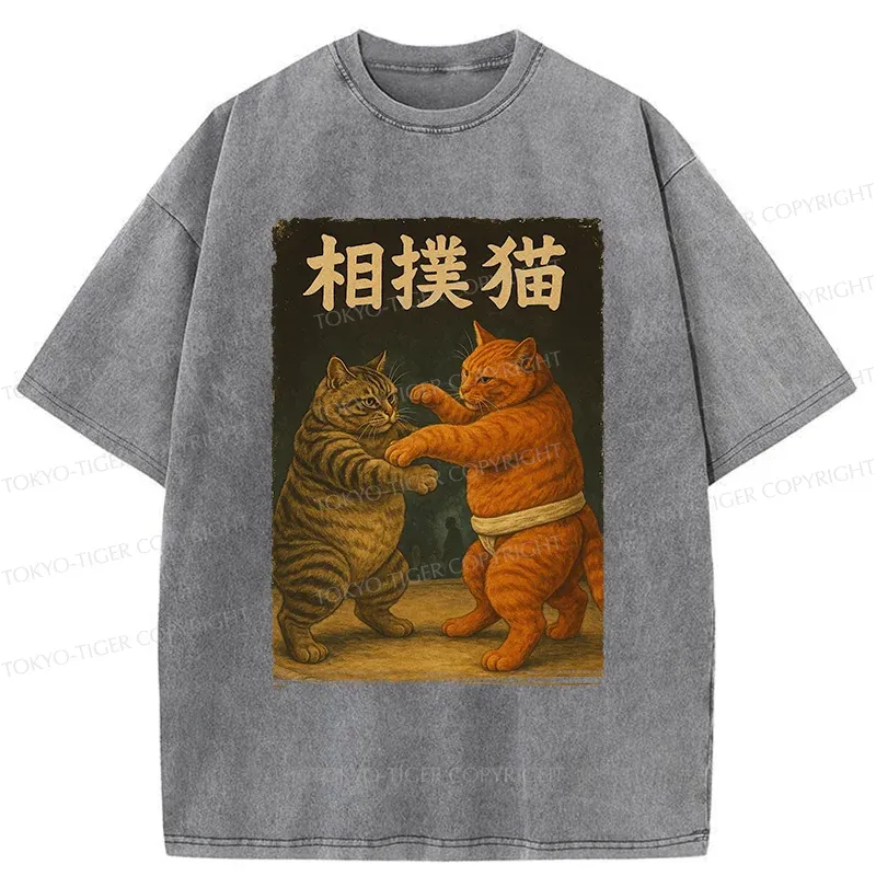 Tokyo-Tiger Sumo Cat Funny Washed T-Shirt