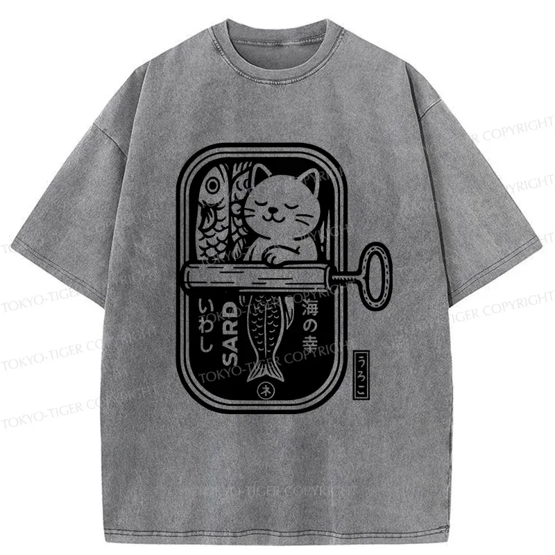 Tokyo-Tiger Cat And Canned Fish Washed T-Shirt