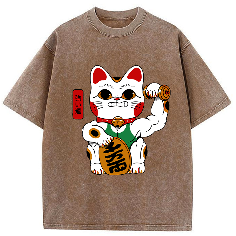 Tokyo-Tiger Muscular Lucky Cat Washed T-Shirt