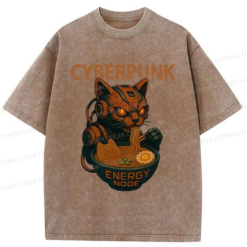 Tokyo-Tiger Retro Machine Cat Eating Ramen Washed T-Shirt