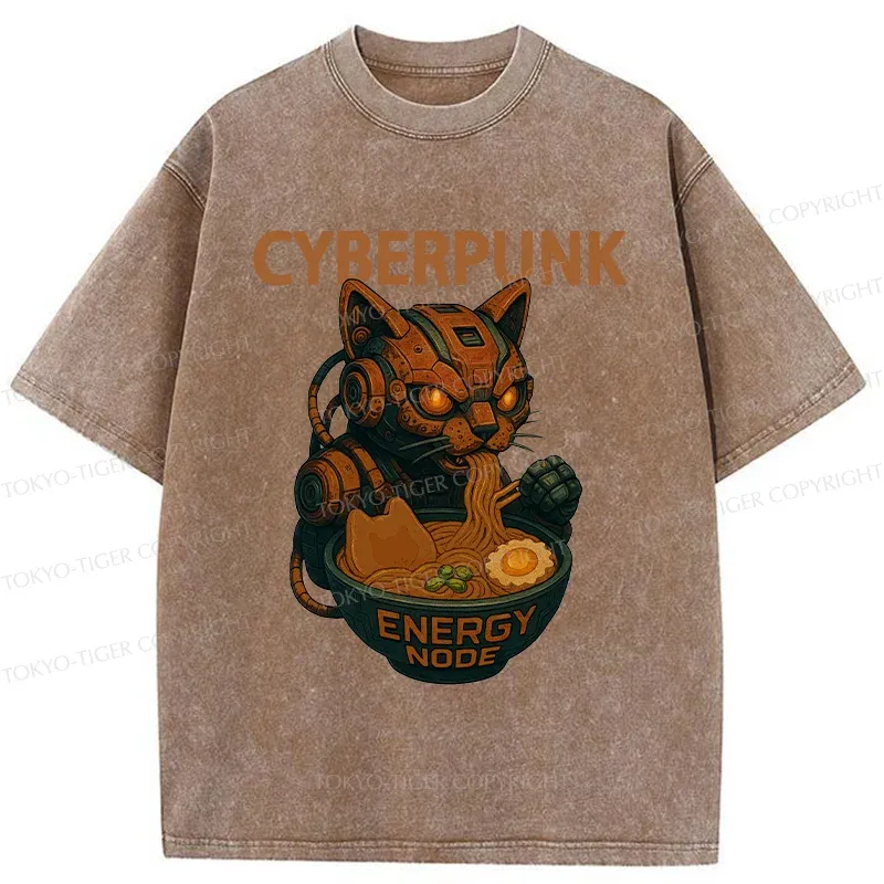 Tokyo-Tiger Retro Machine Cat Eating Ramen Washed T-Shirt