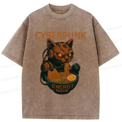 Tokyo-Tiger Retro Machine Cat Eating Ramen Washed T-Shirt