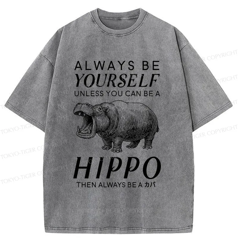 Tokyo-Tiger Funny Hippopotamu Washed T-Shirt