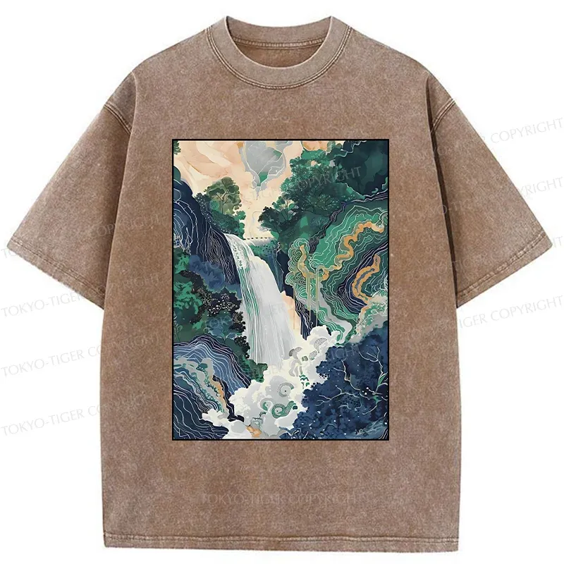 Tokyo-Tiger Japanese Landscape Painting Washed T-Shirt