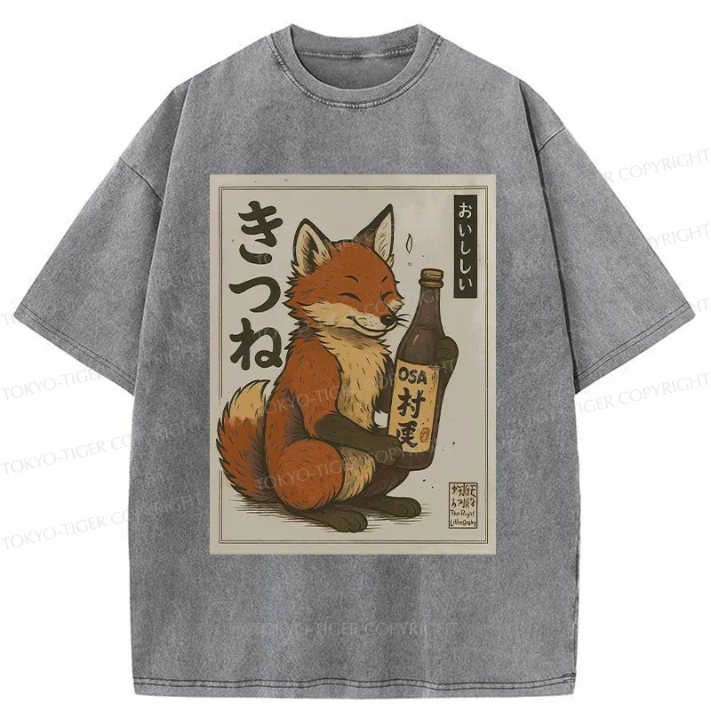 Tokyo-Tiger Fox Holding Sake Washed T-Shirt