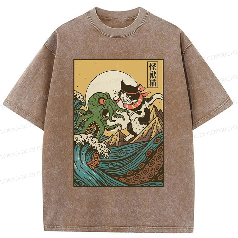 Tokyo-Tiger Cat And Octopus Battle Funny Washed T-Shirt