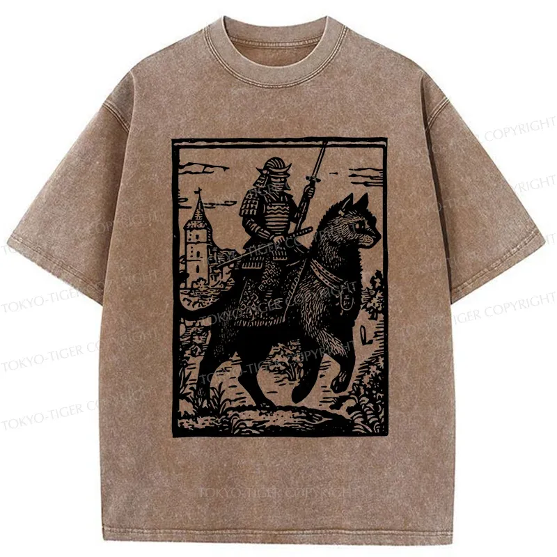 Tokyo-Tiger Samurai Riding A Cat Washed T-Shirt