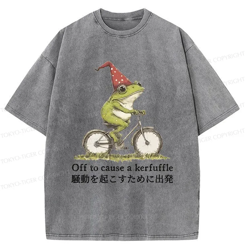 Tokyo-Tiger Frog Riding A Bicycle Washed T-Shirt