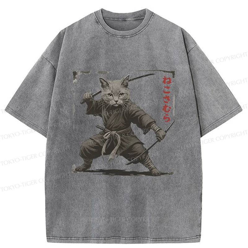 Tokyo-Tiger Handsome Cat Samurai Washed T-Shirt