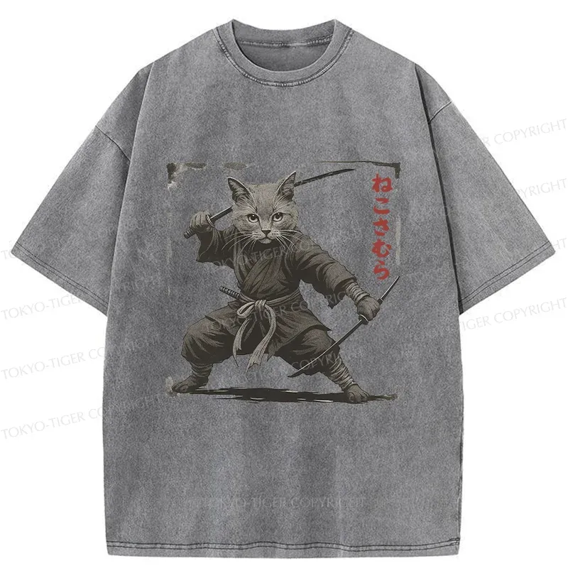 Tokyo-Tiger Handsome Cat Samurai Washed T-Shirt