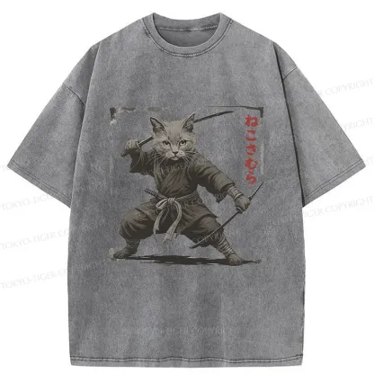 Tokyo-Tiger Handsome Cat Samurai Washed T-Shirt