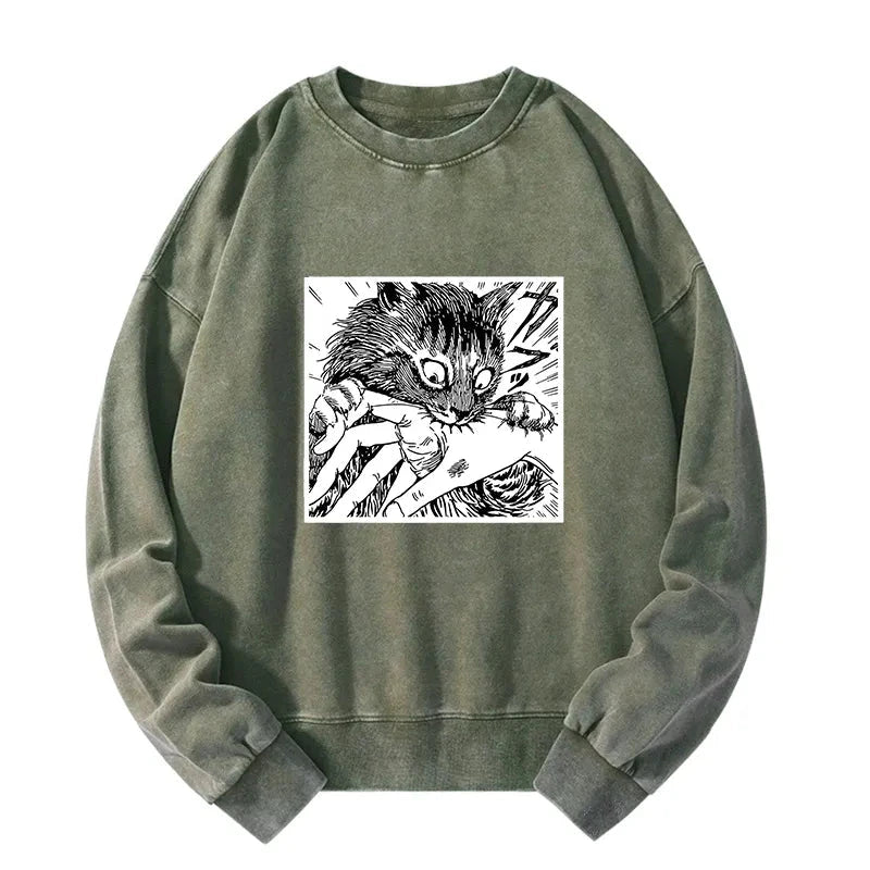 Tokyo-Tiger Creepy Cat Anime Horror Anteater Washed Sweatshirt