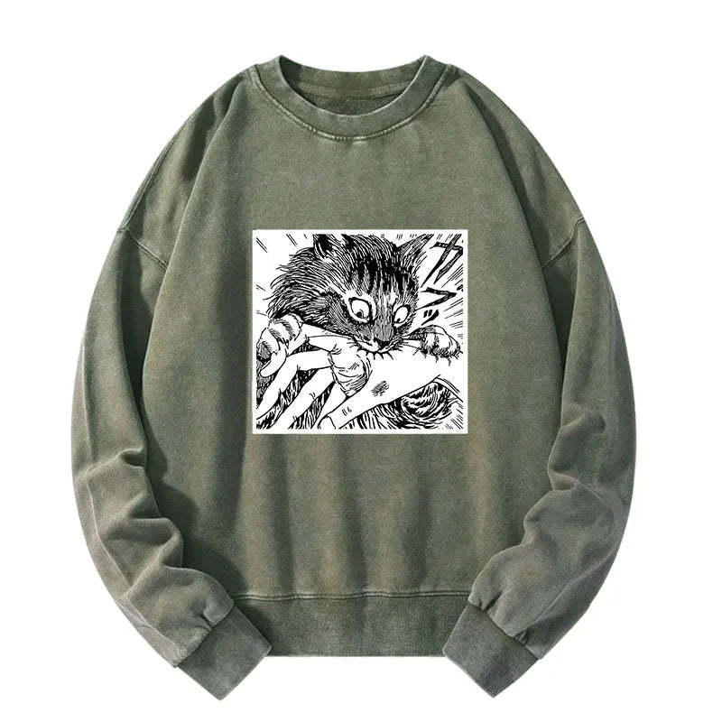Tokyo-Tiger Creepy Cat Anime Horror Anteater Washed Sweatshirt