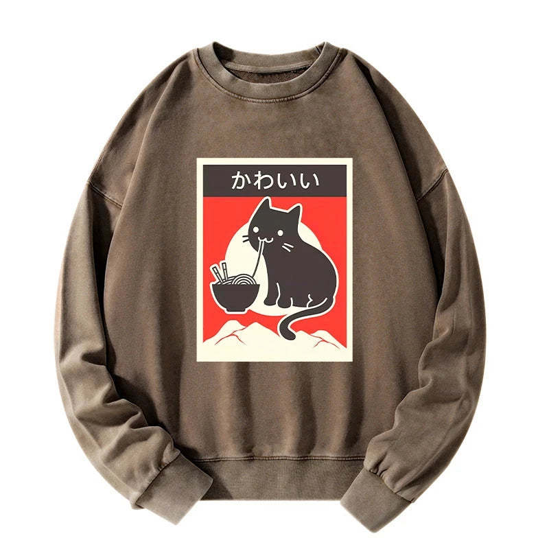 Tokyo-Tiger "Kawaii" Vintage Style Japenese Ramen Cat Washed Sweatshirt-tokyo-tiger