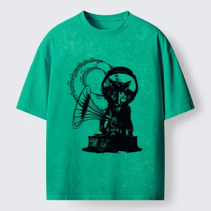 Tokyo-Tiger Vintage Cat Phonograph Music Washed T-Shirt