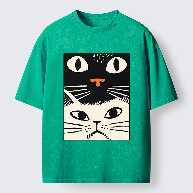 Tokyo-Tiger Black Cat And White Cat Washed T-Shirt