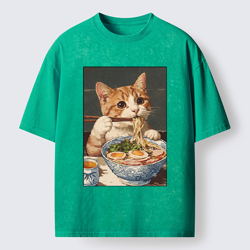 Tokyo-Tiger Cute Cat Eating Ramen Japanese Poster Washed T-Shirt