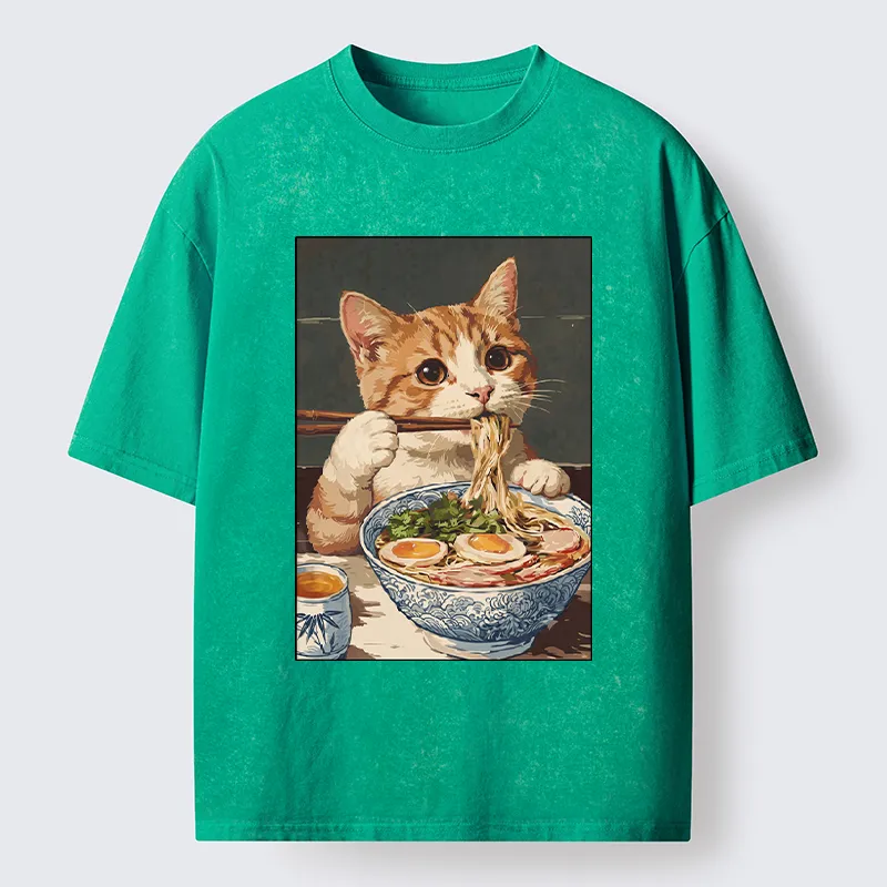 Tokyo-Tiger Cute Cat Eating Ramen Japanese Poster Washed T-Shirt