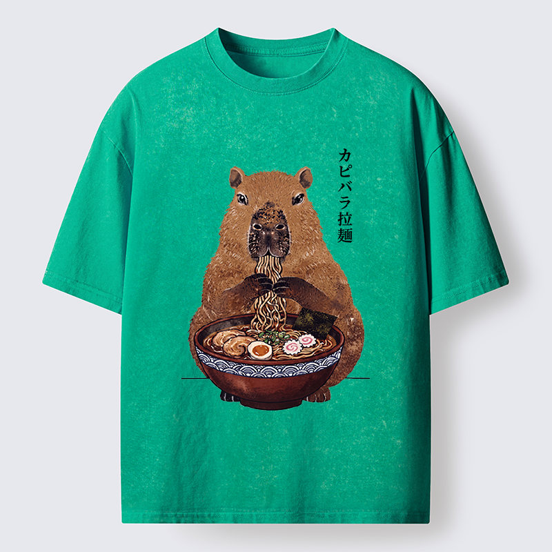 Tokyo-Tiger Japanese Retro Capybara Eating Ramen Washed T-Shirt
