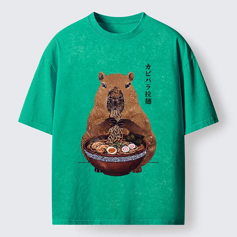 Tokyo-Tiger Japanese Retro Capybara Eating Ramen Washed T-Shirt