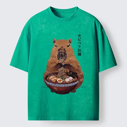 Tokyo-Tiger Japanese Retro Capybara Eating Ramen Washed T-Shirt