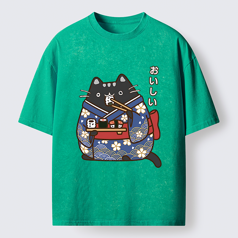 Tokyo-Tiger Geisha Cat Sushi Washed T-Shirt