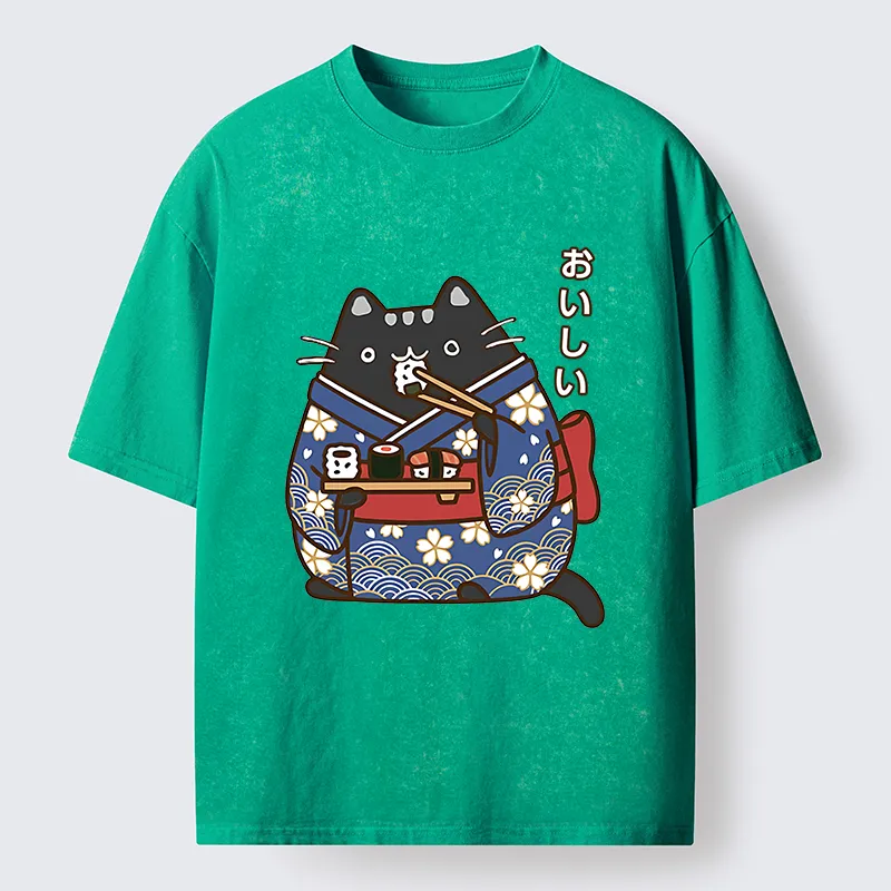 Tokyo-Tiger Geisha Cat Sushi Washed T-Shirt
