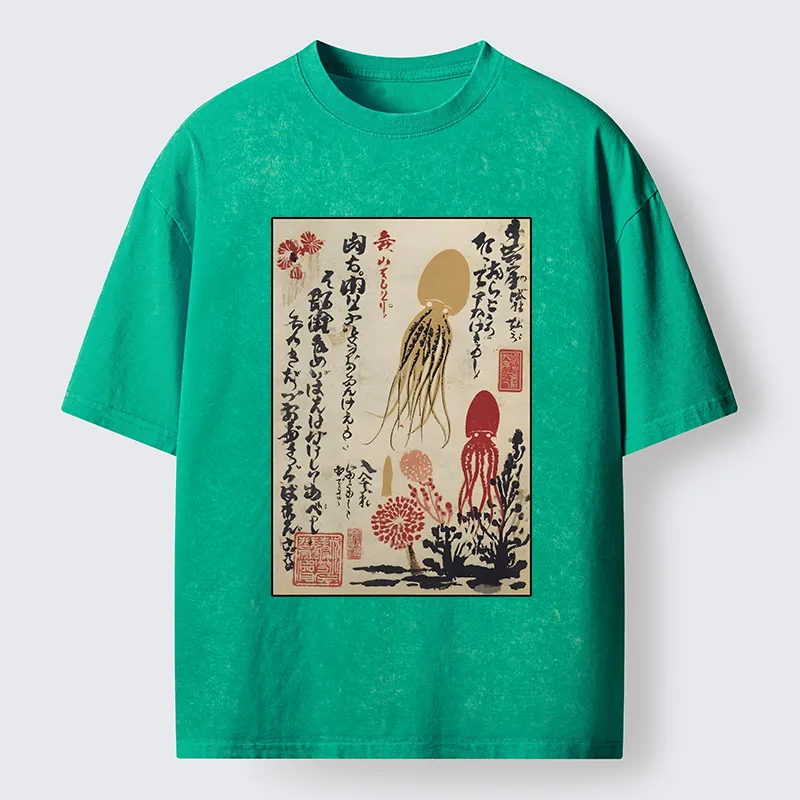 Tokyo-Tiger Ink Painting Octopus Ukiyoe Washed T-Shirt