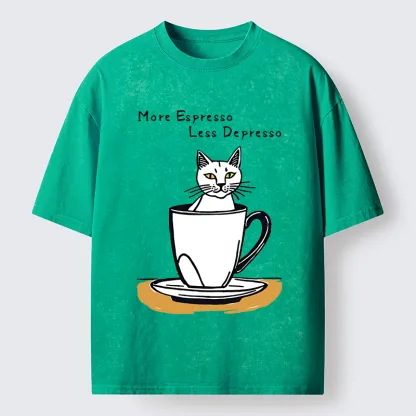 Tokyo-Tiger More Espresso Coffee Cat Washed T-Shirt