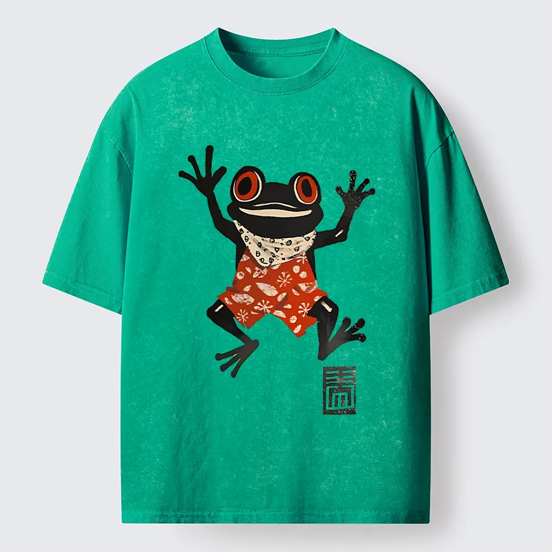 Tokyo-Tiger Japanese Happy Frog Ukiyoe Washed T-Shirt