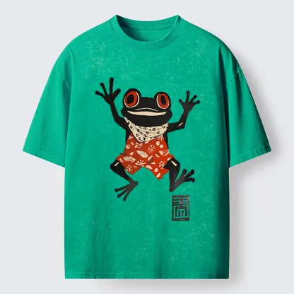 Tokyo-Tiger Japanese Happy Frog Ukiyoe Washed T-Shirt