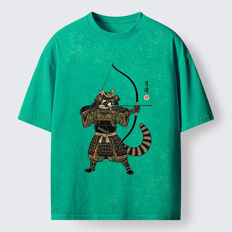 Tokyo-Tiger Kyudo Raccoon Samurai Washed T-Shirt