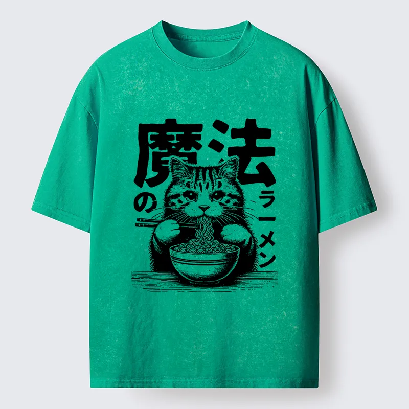 Tokyo-Tiger Cat Eating Magic Ramen Washed T-Shirt